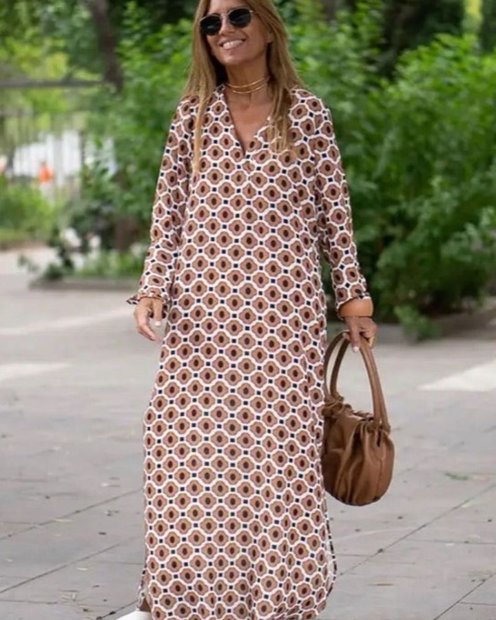 Ottilie | Women's Cotton Geo Print Long-Sleeve V-Neck Maxi Dress