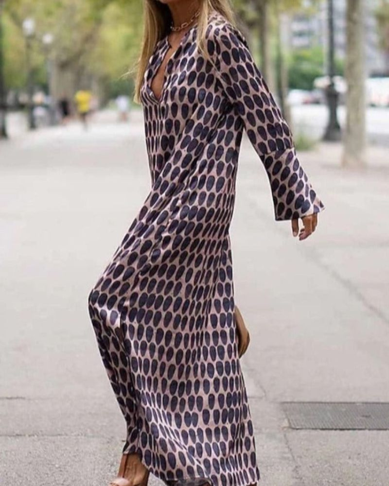 Ottilie | Women's Cotton Geo Print Long-Sleeve V-Neck Maxi Dress