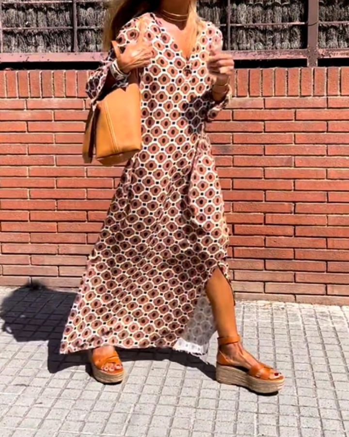 Ottilie | Women's Cotton Geo Print Long-Sleeve V-Neck Maxi Dress