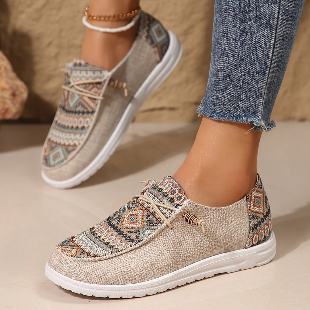 Ottilie | Women's Khaki Canvas Aztec Print Slip-On Sneakers