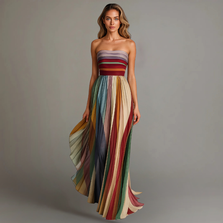 Paloma | Women's Chiffon Multicolour Stripe Strapless Maxi Dress