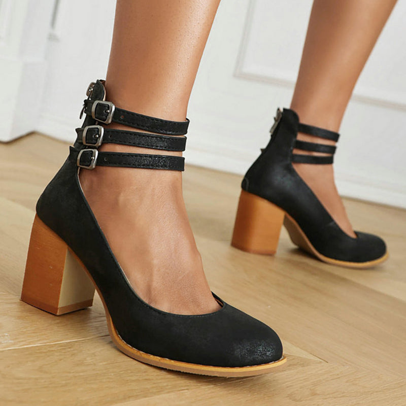 Remi | Women's Leather Block Heel Ankle Strap Pumps