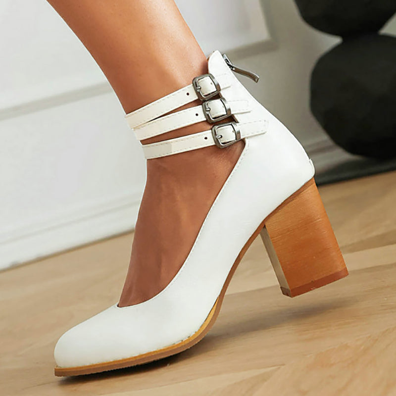 Remi | Women's Leather Block Heel Ankle Strap Pumps