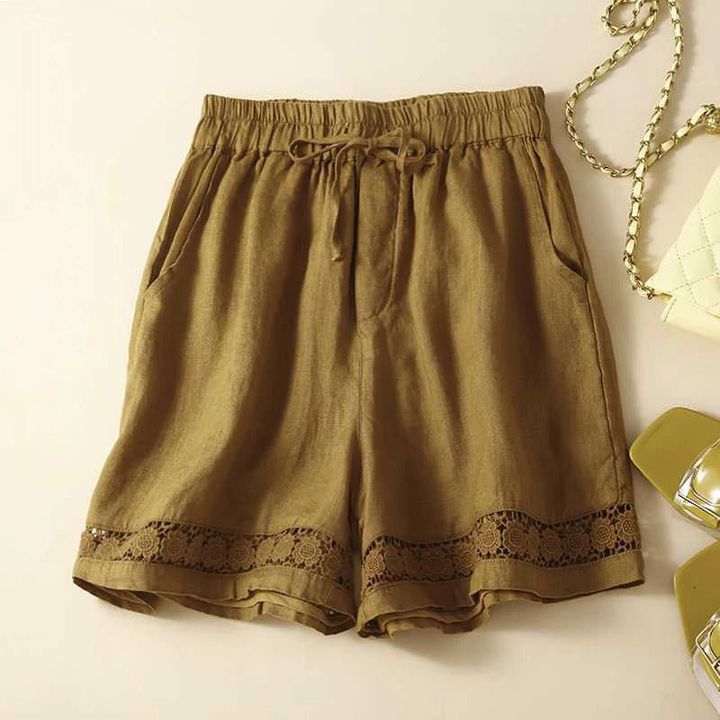 Remi | Women's Linen Lace Trim Elastic Waist Casual Shorts