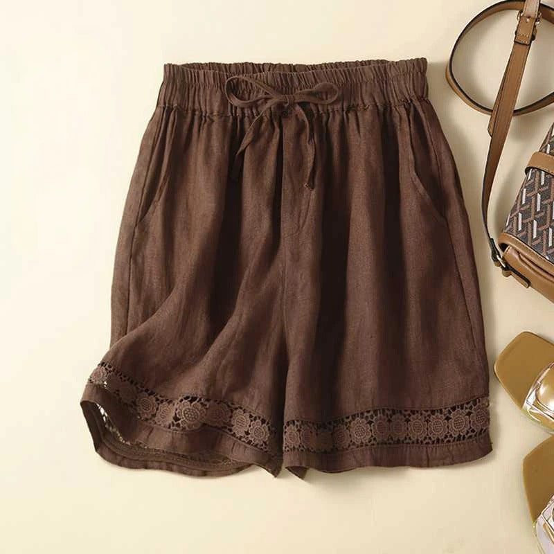 Remi | Women's Linen Lace Trim Elastic Waist Casual Shorts