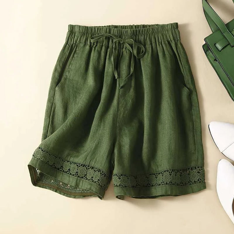 Remi | Women's Linen Lace Trim Elastic Waist Casual Shorts