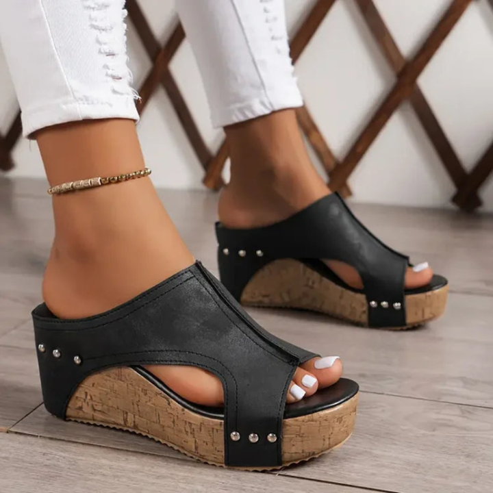 Romy | Women's Leather Studded Cork Platform Wedge Mule Sandals