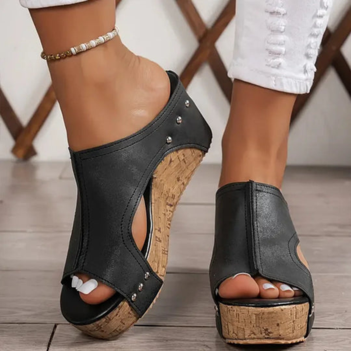 Romy | Women's Leather Studded Cork Platform Wedge Mule Sandals