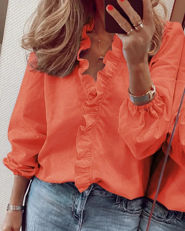 Rosie | Women's Cotton Ruffle V-Neck Long-Sleeve Relaxed Blouse