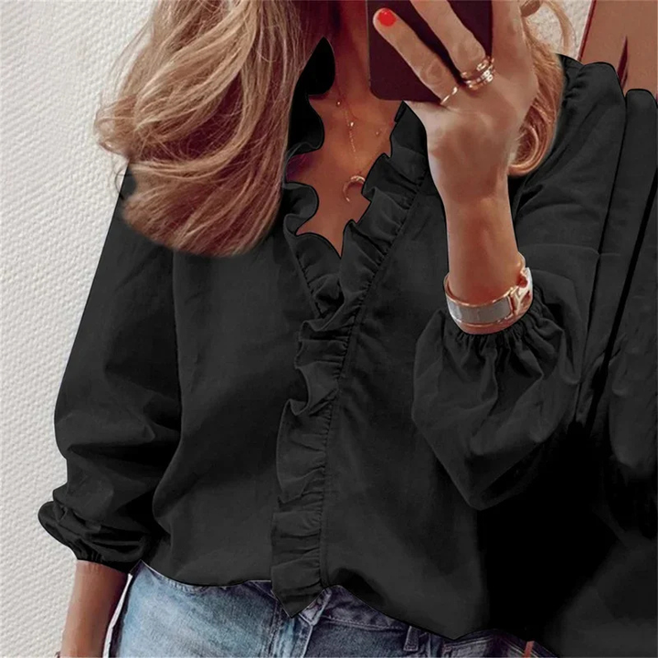 Rosie | Women's Cotton Ruffle V-Neck Long-Sleeve Relaxed Blouse