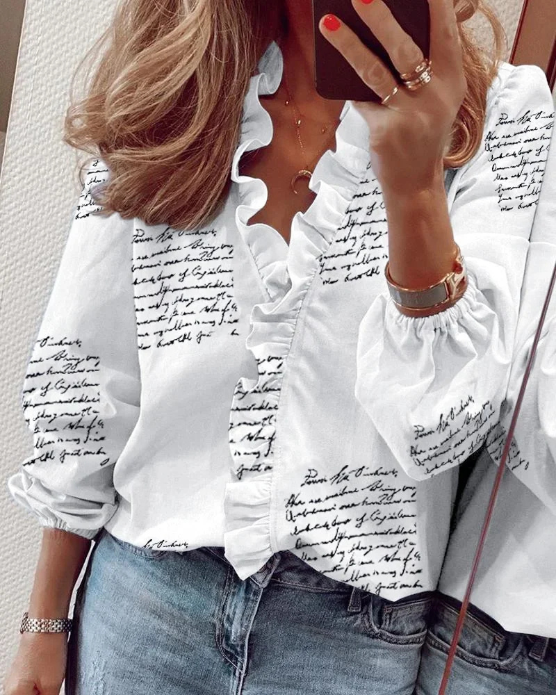 Rosie | Women's Cotton Ruffle V-Neck Long-Sleeve Relaxed Blouse