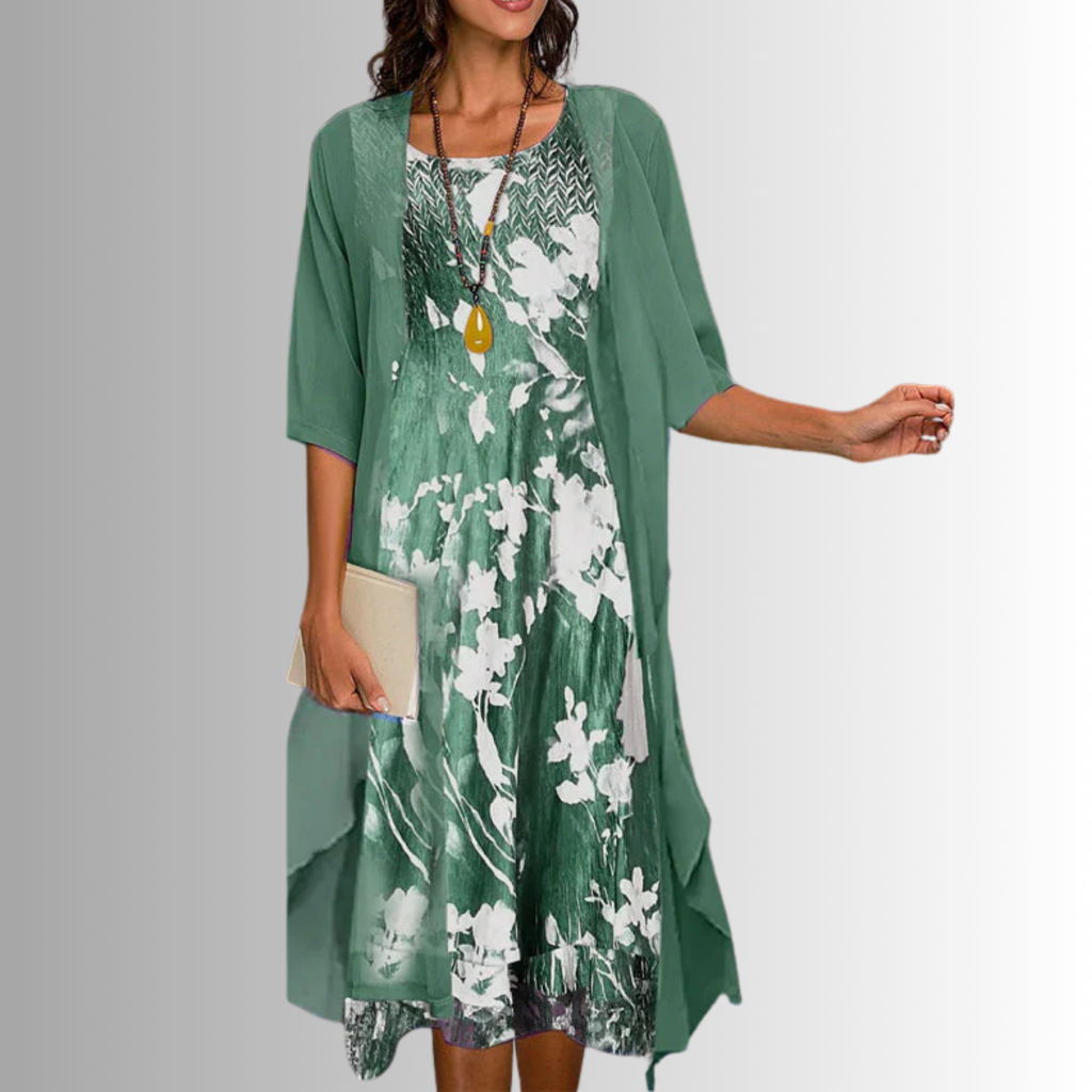 Roslyn | Women's Chiffon Floral Print Two-Piece Cardigan & Midi Dress Set