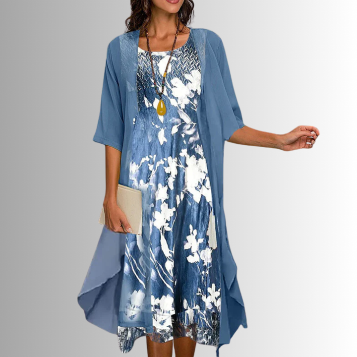 Roslyn | Women's Chiffon Floral Print Two-Piece Cardigan & Midi Dress Set