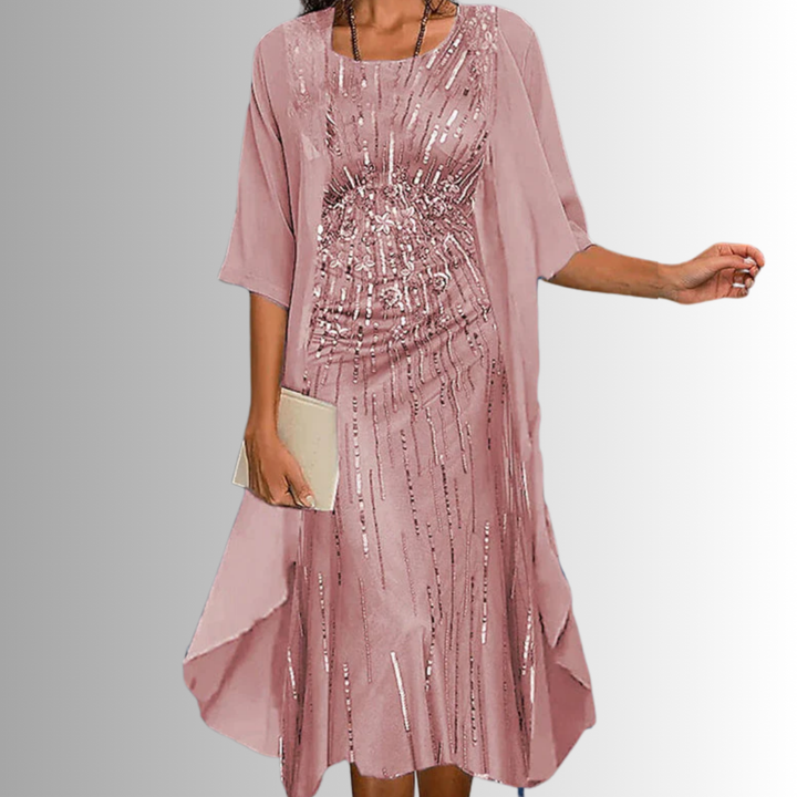 Roslyn | Women's Chiffon Floral Print Two-Piece Cardigan & Midi Dress Set