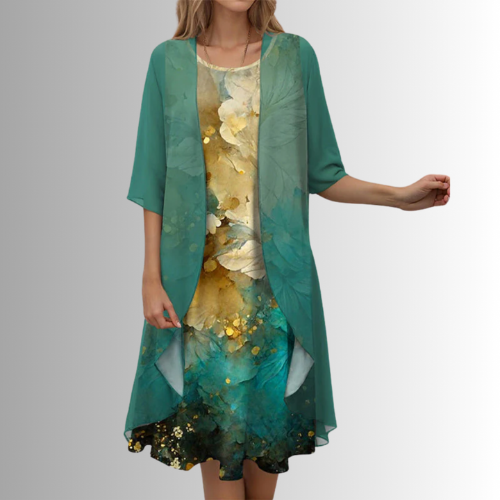 Roslyn | Women's Chiffon Floral Print Two-Piece Cardigan & Midi Dress Set