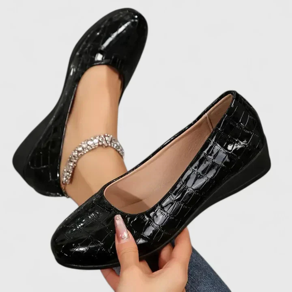 Roxie | Women's Leather Croc-Embossed Round Toe Wedge Slip-On Shoes