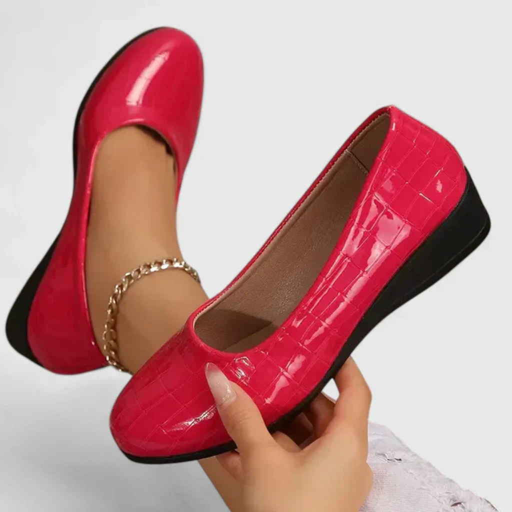 Roxie | Women's Leather Croc-Embossed Round Toe Wedge Slip-On Shoes