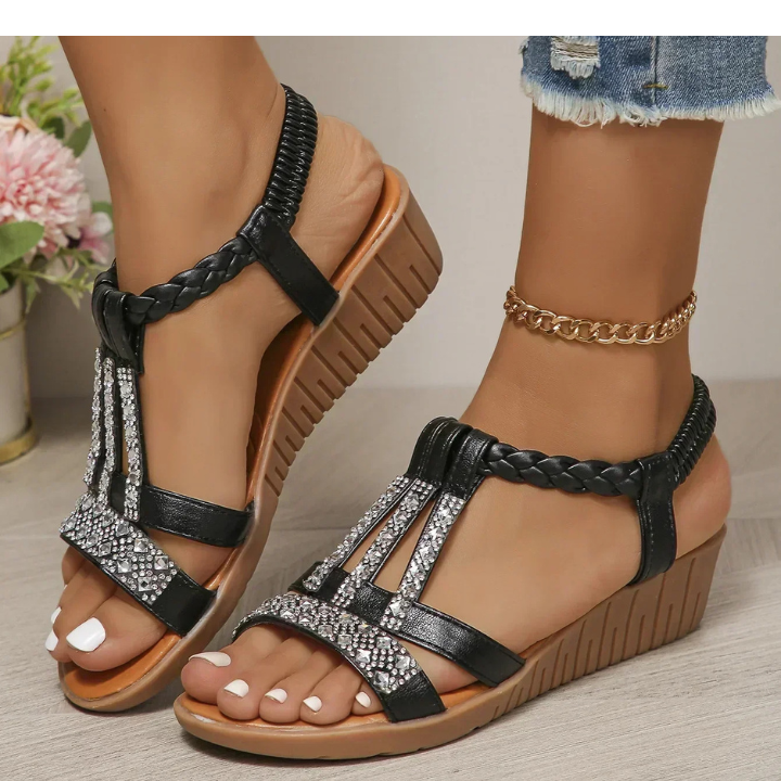 Roxie | Women's Leather Diamante Braided Wedge Sandals