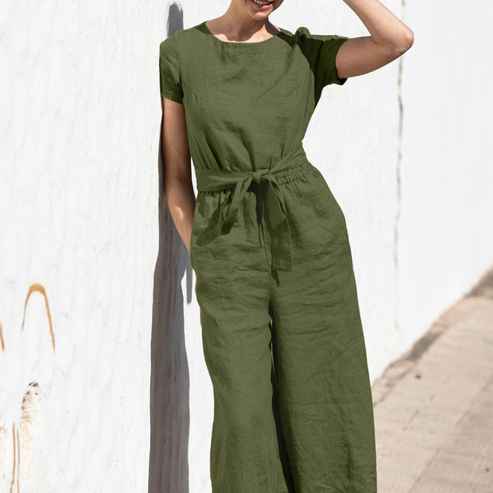 Classic Short-Sleeve Linen Jumpsuit | Relaxed Fit