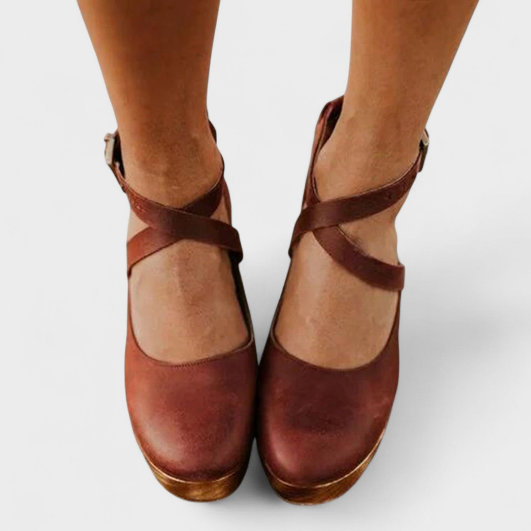Sable | Women's Leather Buckle Cross-Strap Block Heels