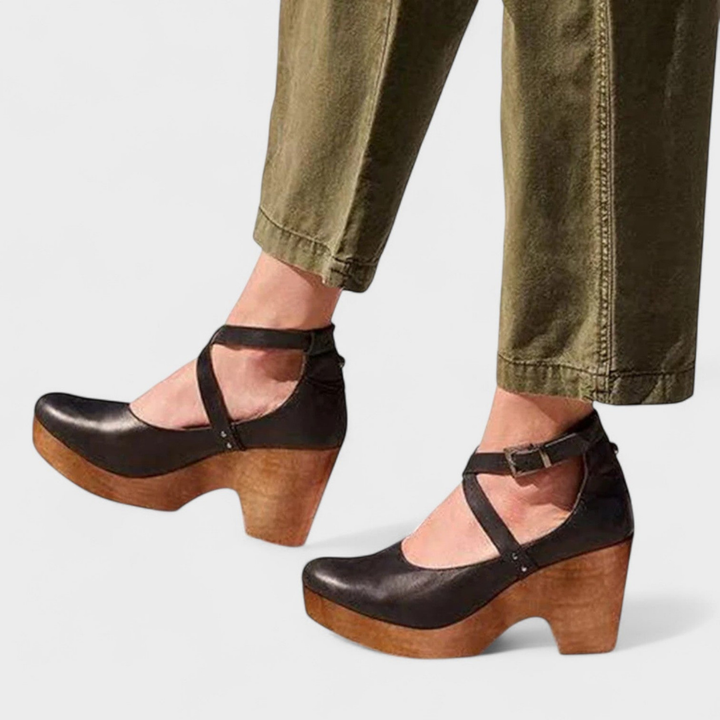 Sable | Women's Leather Buckle Cross-Strap Block Heels