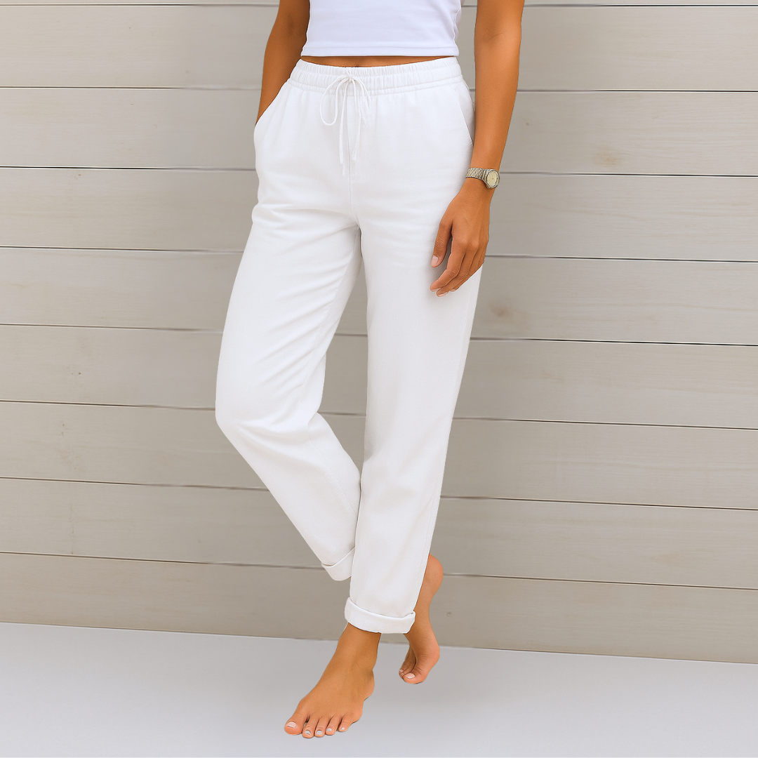 Sage | Women's Linen Drawstring Relaxed Straight-Leg Trousers