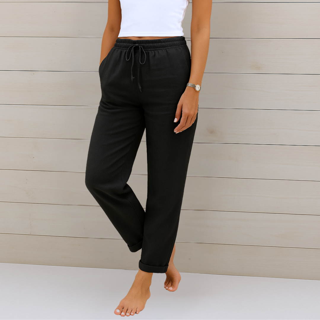 Sage | Women's Linen Drawstring Relaxed Straight-Leg Trousers