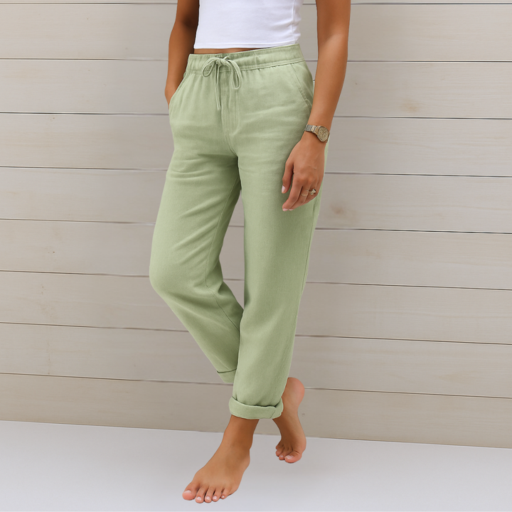 Sage | Women's Linen Drawstring Relaxed Straight-Leg Trousers