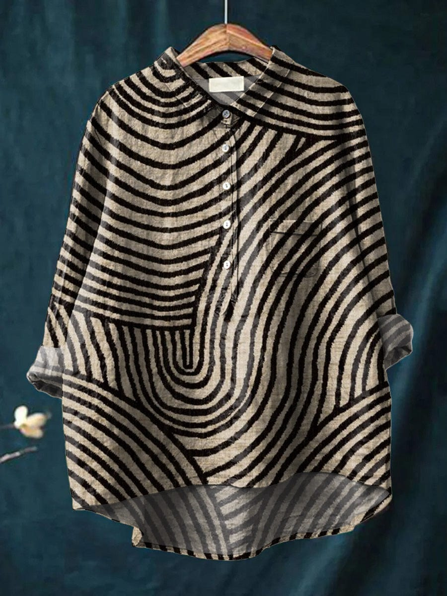 Sally | Women's Khaki Linen Abstract Print Button-Down Shirt