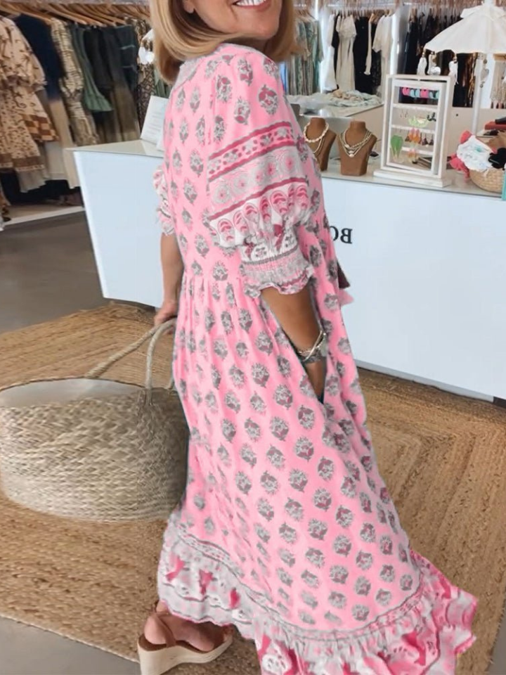 Sanne | Women's Cotton Boho Print V-neck Maxi Dress