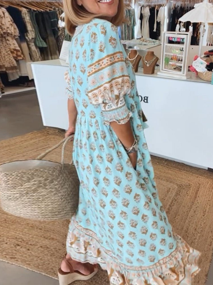 Sanne | Women's Cotton Boho Print V-neck Maxi Dress