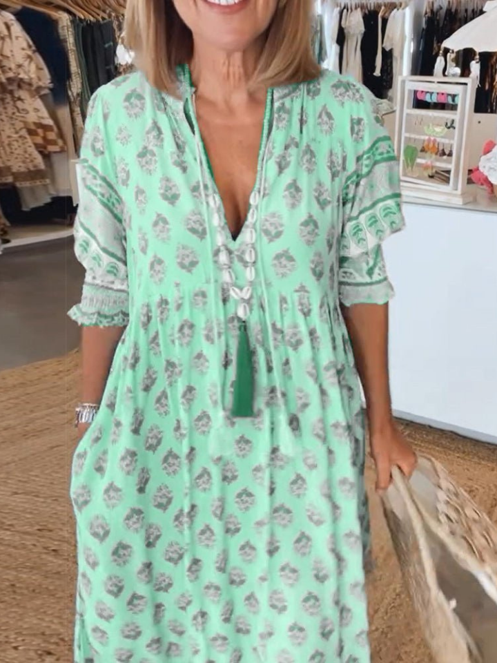 Sanne | Women's Cotton Boho Print V-neck Maxi Dress