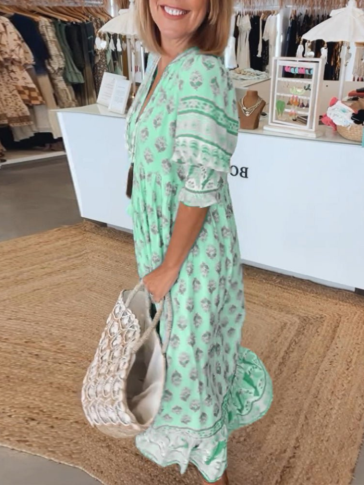 Sanne | Women's Cotton Boho Print V-neck Maxi Dress