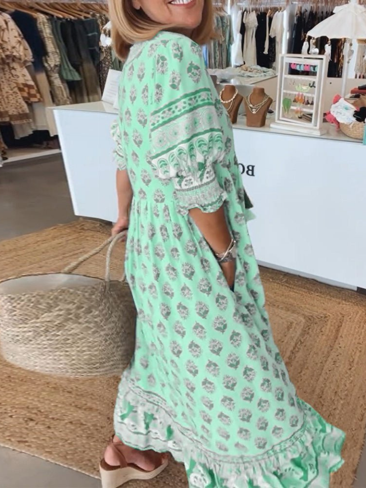 Sanne | Women's Cotton Boho Print V-neck Maxi Dress