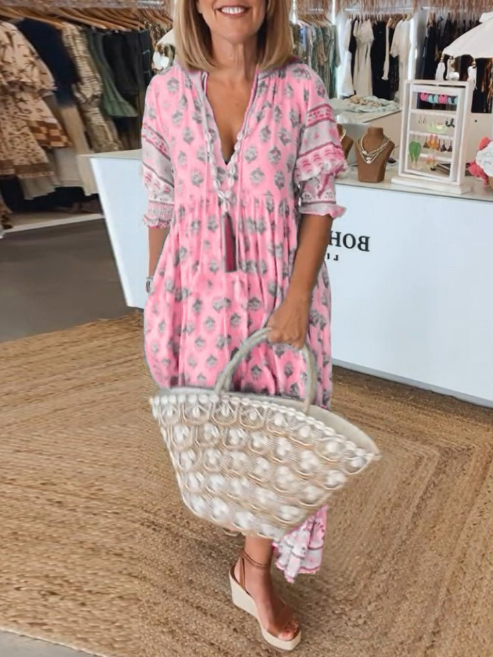 Sanne | Women's Cotton Boho Print V-neck Maxi Dress