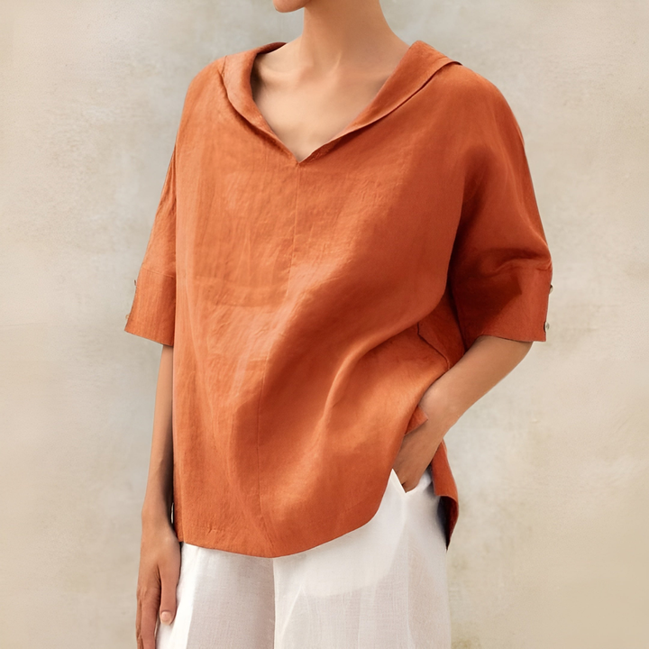 Sanne | Women's Linen V-Neck Oversized Short Sleeve Top