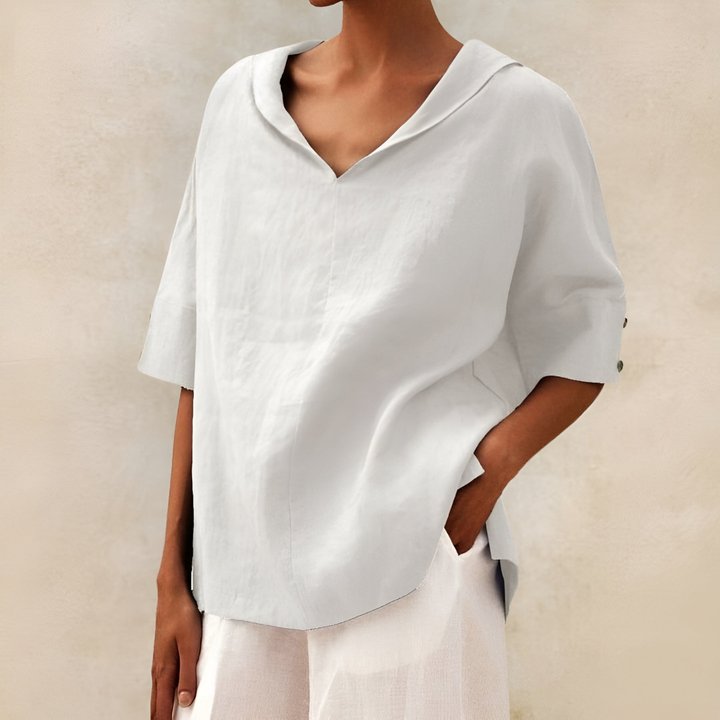 Sanne | Women's Linen V-Neck Oversized Short Sleeve Top