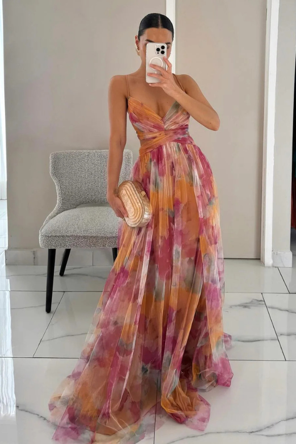 Seraphine | Women's Chiffon Print Wrap V-Neck Maxi Dress Elegant