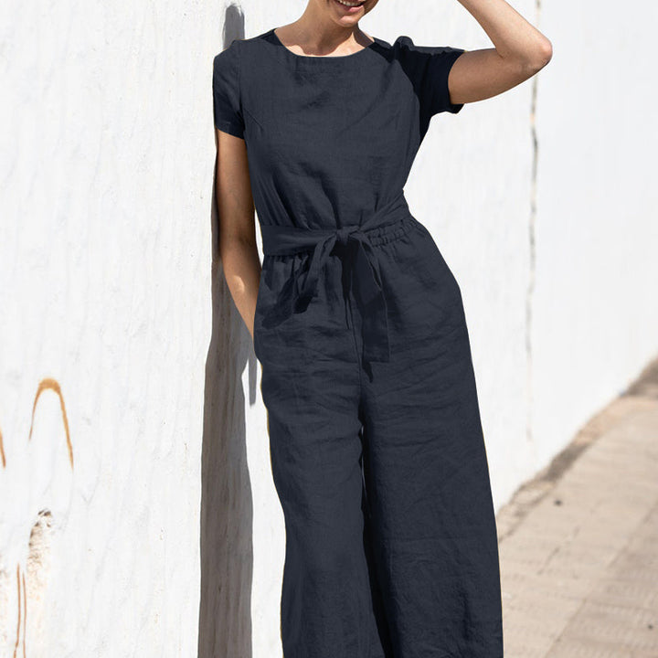 Classic Short-Sleeve Linen Jumpsuit | Relaxed Fit