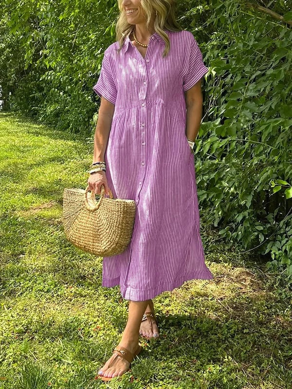 Sloane | Women's Linen Stripe Button-Down Short Sleeve Midi Dress
