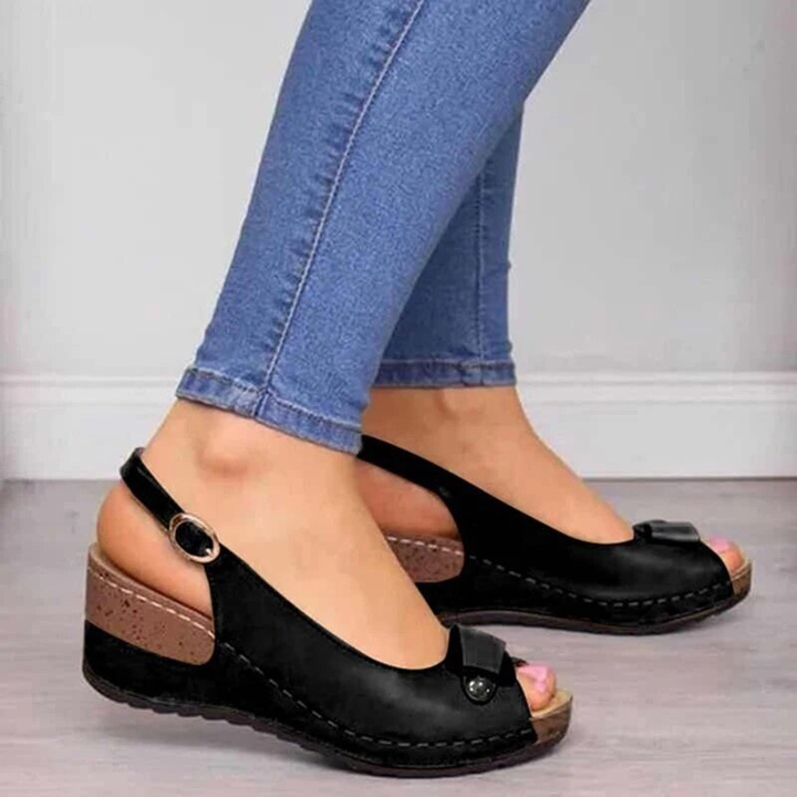 Sutton | Women's Leather Peep-Toe Slingback Wedge Sandals