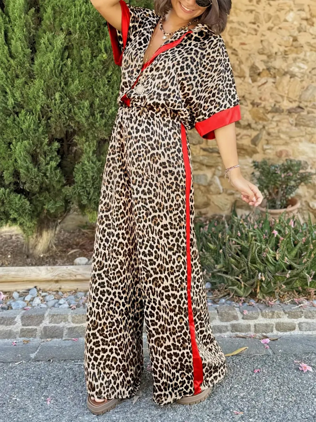 Sutton | Women's Satin Leopard Print Wide-Leg Jumpsuit