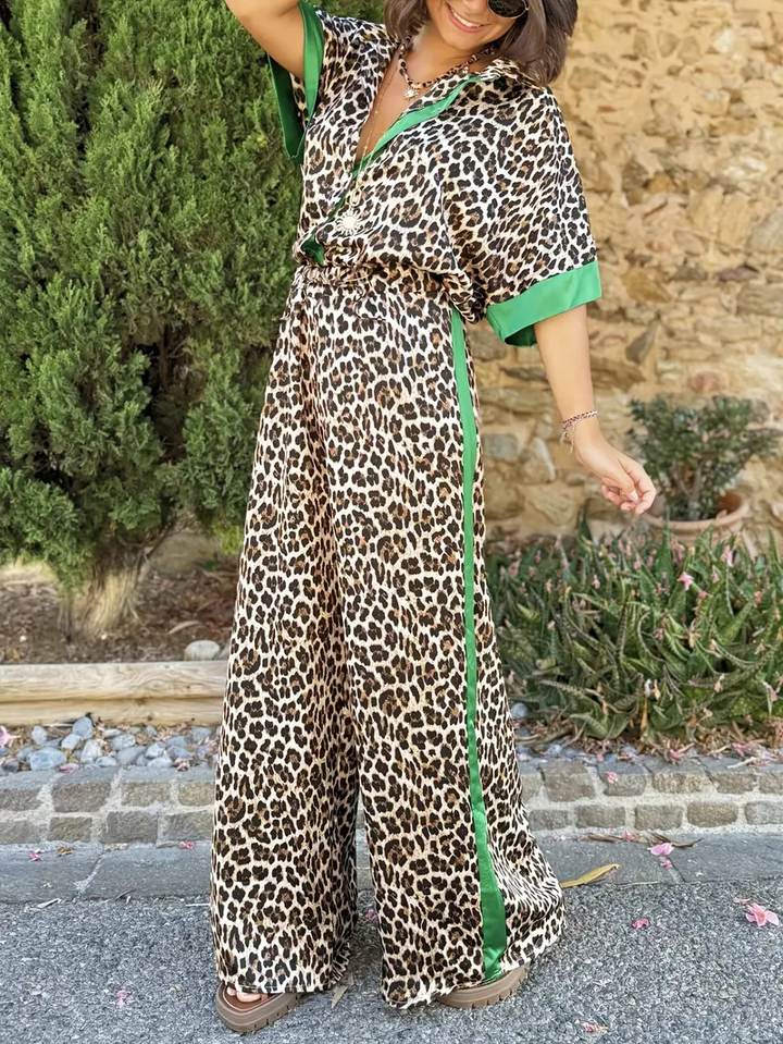 Sutton | Women's Satin Leopard Print Wide-Leg Jumpsuit