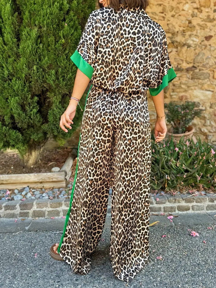 Sutton | Women's Satin Leopard Print Wide-Leg Jumpsuit