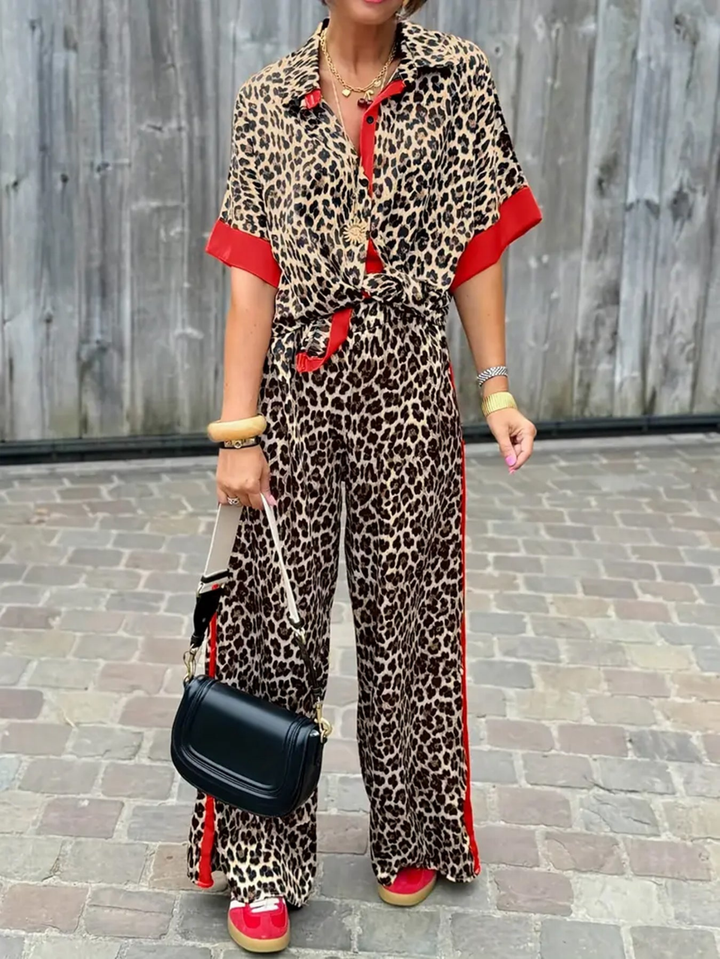 Sutton | Women's Satin Leopard Print Wide-Leg Jumpsuit