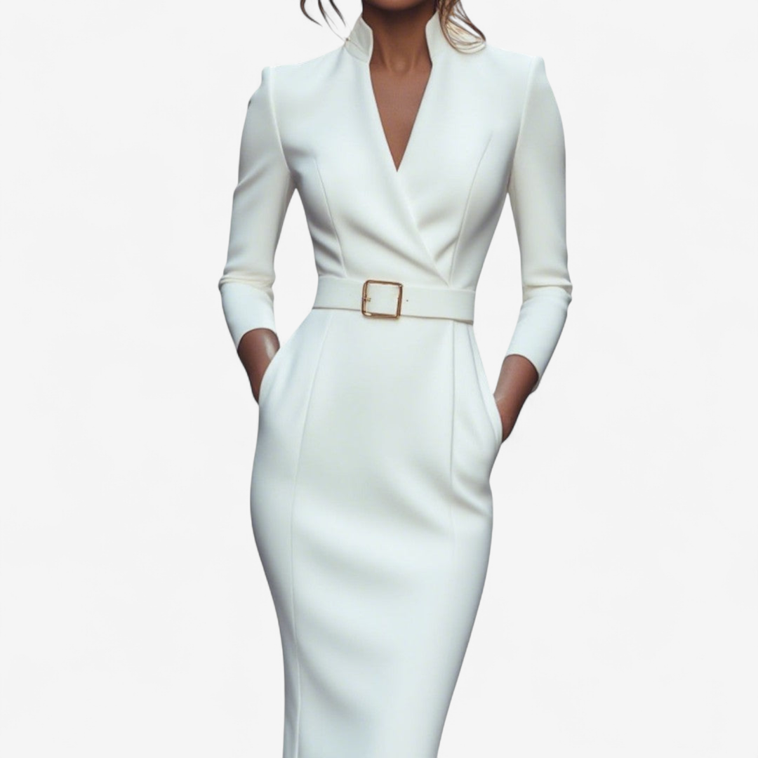 Sutton | Women's Stretch Belted V-Neck Pencil Dress Elegant