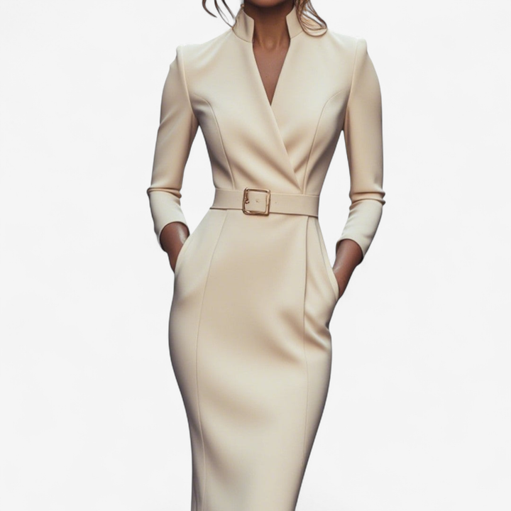 Sutton | Women's Stretch Belted V-Neck Pencil Dress Elegant