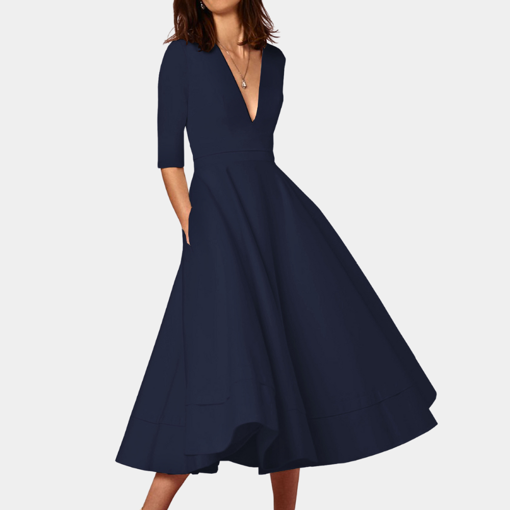 Sutton | Women's Stretch Deep V-Neck Full Skirt Midi Dress Elegant
