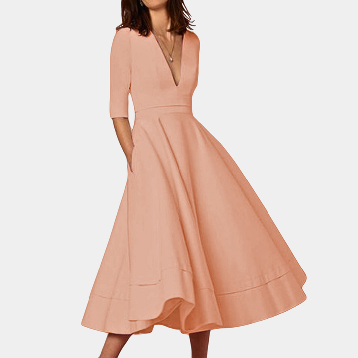 Sutton | Women's Stretch Deep V-Neck Full Skirt Midi Dress Elegant