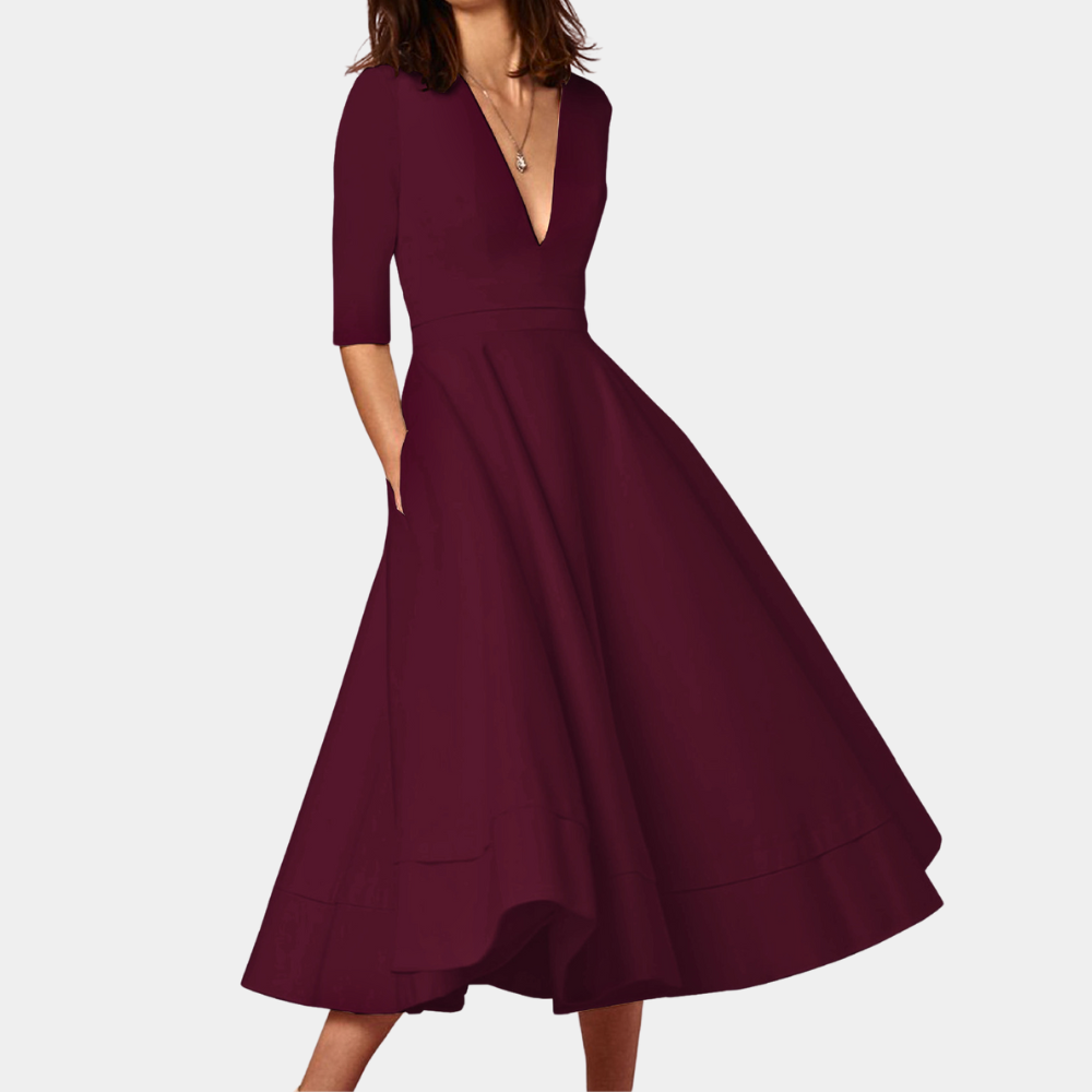 Sutton | Women's Stretch Deep V-Neck Full Skirt Midi Dress Elegant